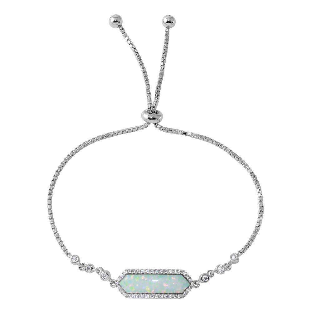 925 STERLING SILVER LARIAT BRACELET W/ OPAL & LAB DIAMONDS / 9” ADJUSTABLE