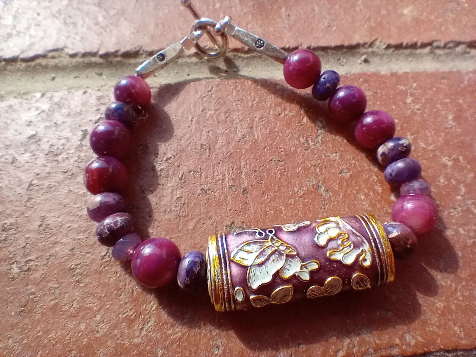Artist-Made Bracelet in Shades of Violet with Floral Cloisonné Focal Bead