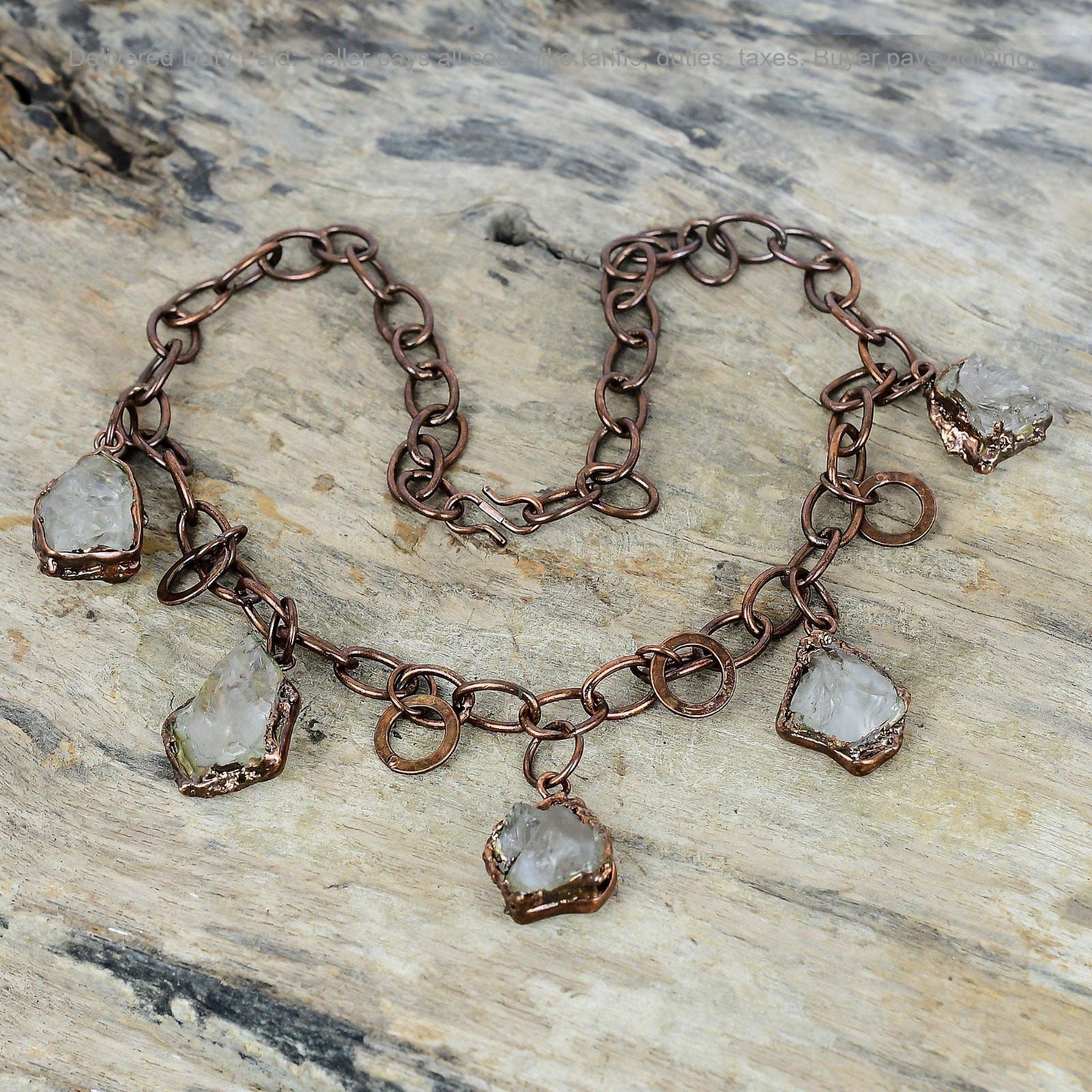 Copper Pentagon White Topaz Rough Gemstone Electroformed Chain Necklace Jewelry