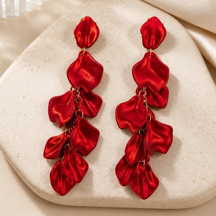 Red Leaf Metal Dangle/Drop Earrings, Pierced, Lobe, Fashion Costume, No Stone