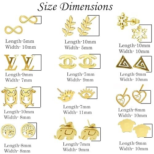 12 Pairs Pure Stainless Steel Anti Tarnish Gold Plated Ear Set