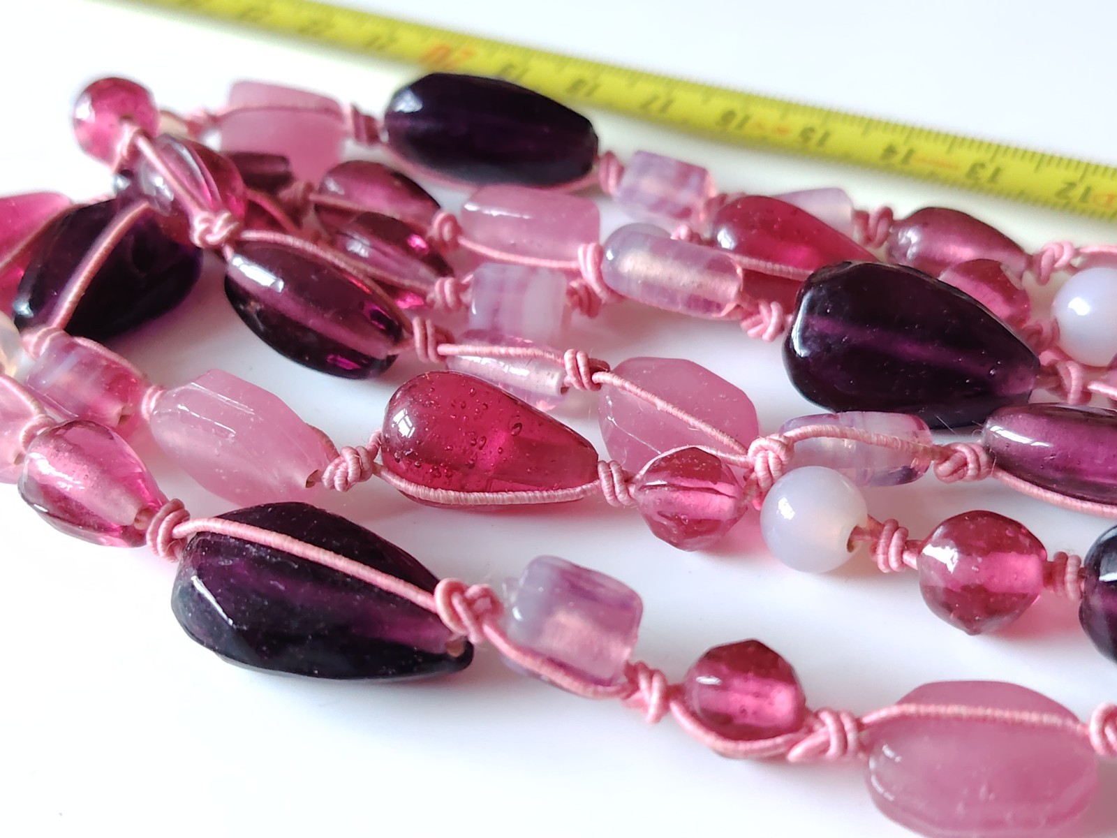 Pink Material Glass Bead Necklace Multi strand Mixed Shape Layering Toggle Clasp