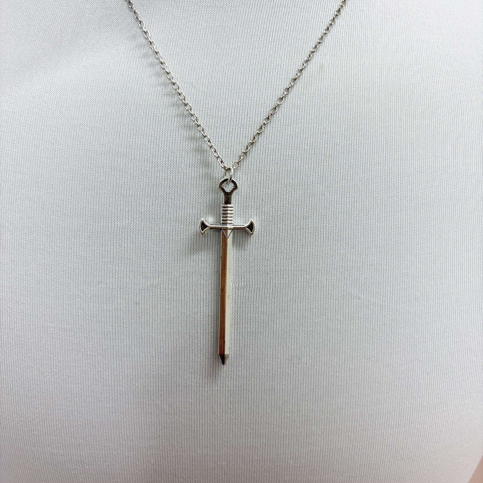 Silver Red Inlay Sword Pendant Rope Chain Necklace