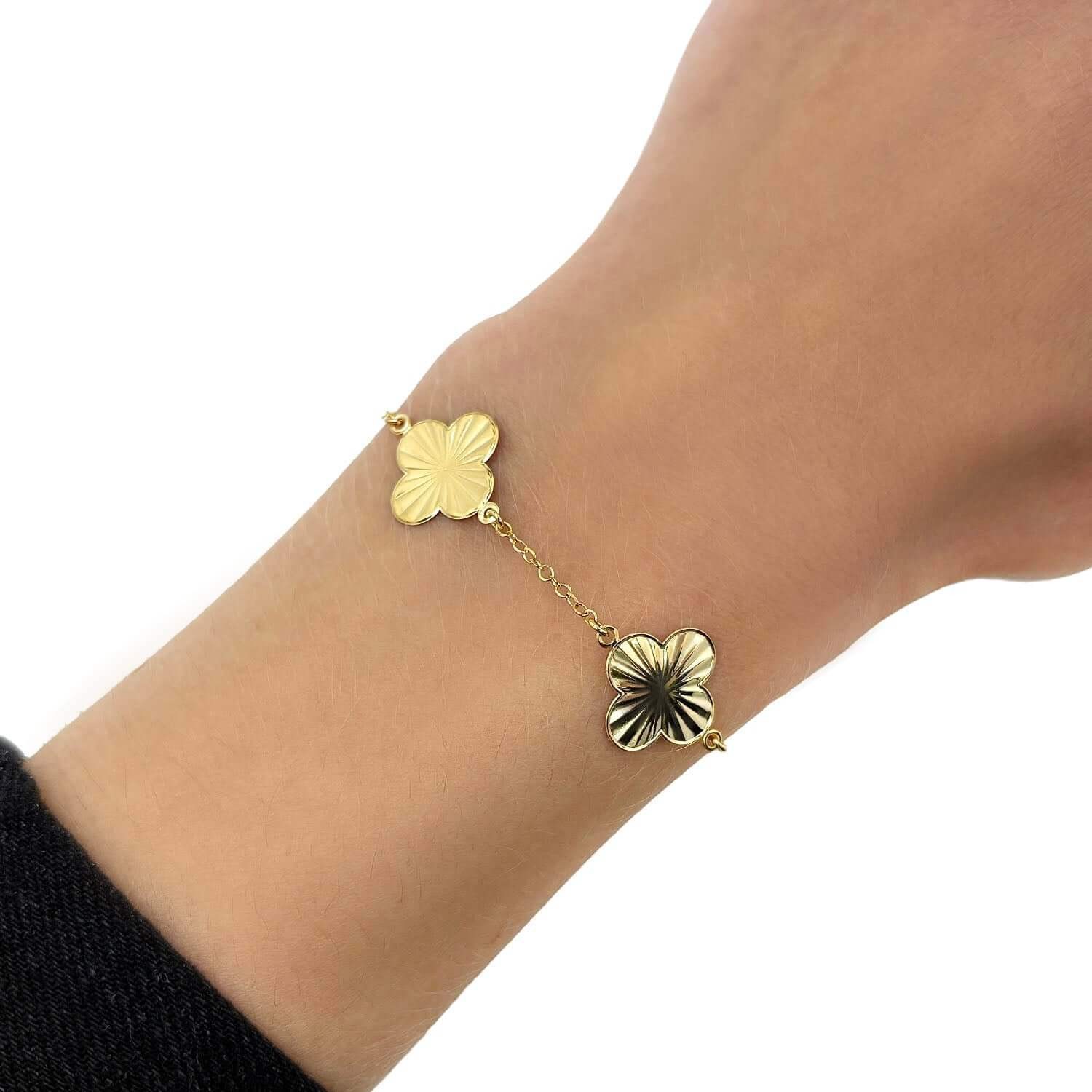 Real 14K Gold Textured Adjustable Clover Bracelet 6.5″-7.25″