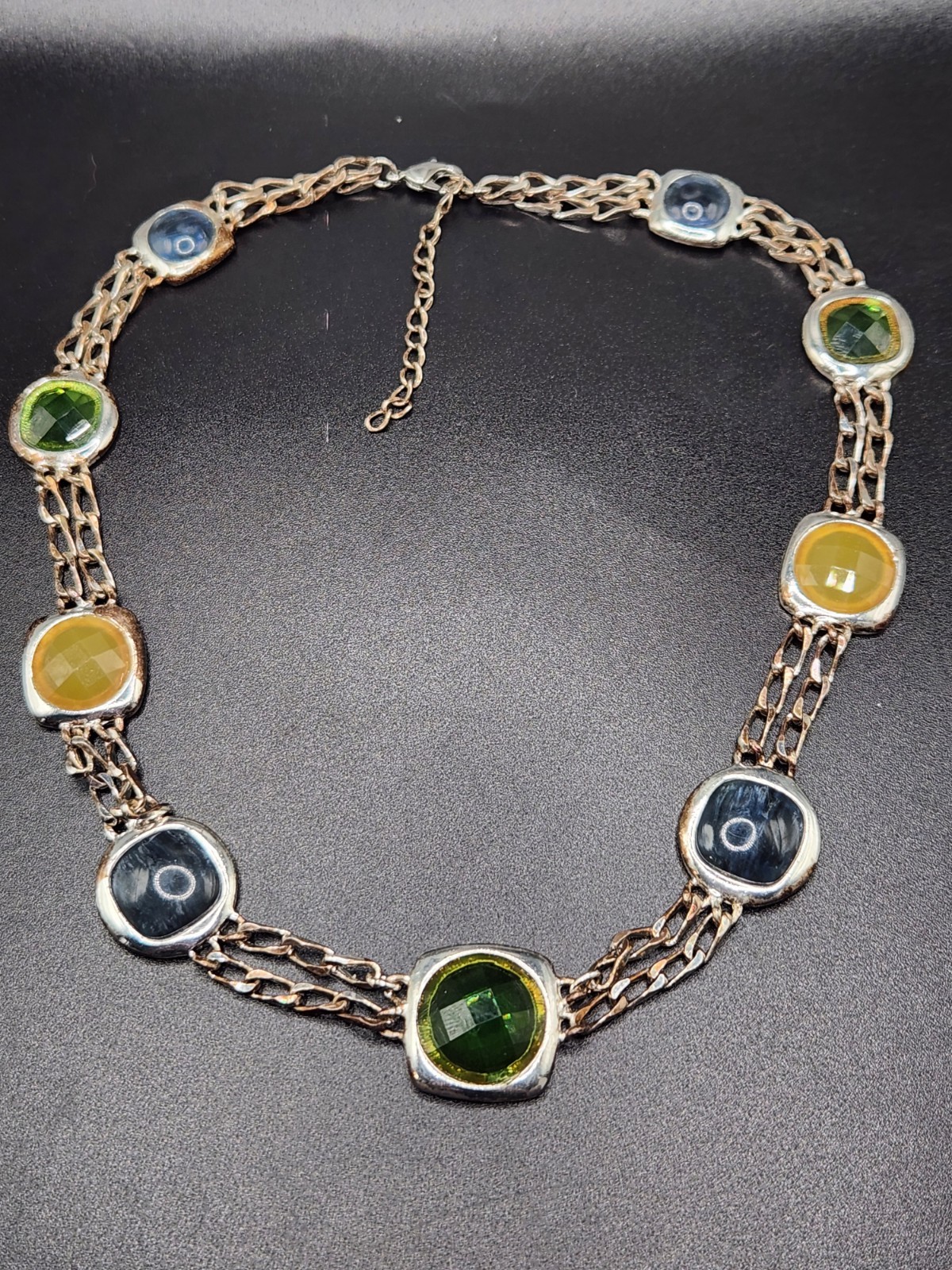 #0086 – Silver Tone Multicolor Glass Cabochon Link Necklace Green Blue Yellow…
