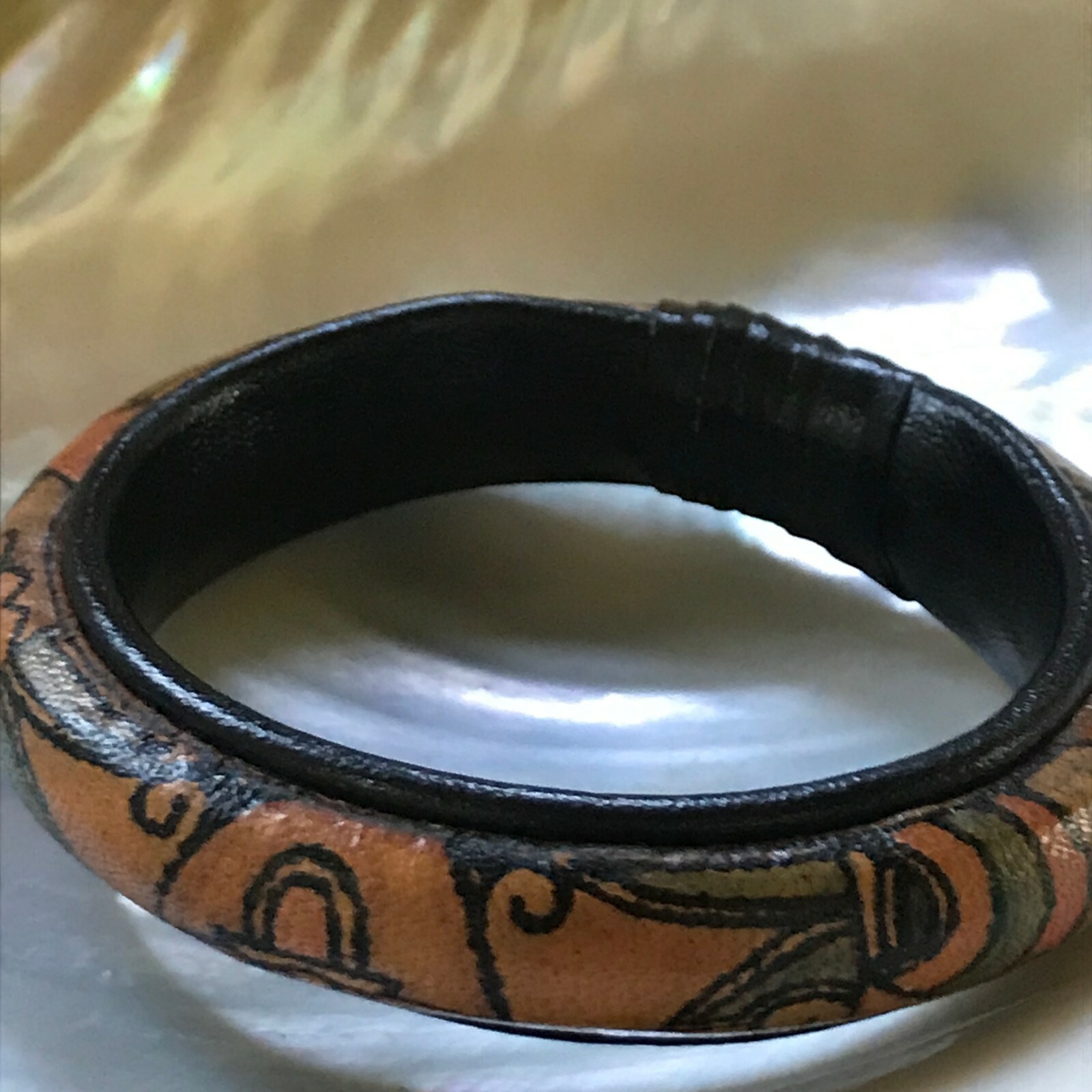 Estate Black with Brown Faded Blue Pink & Orange Arts & Craft Leather Bangle