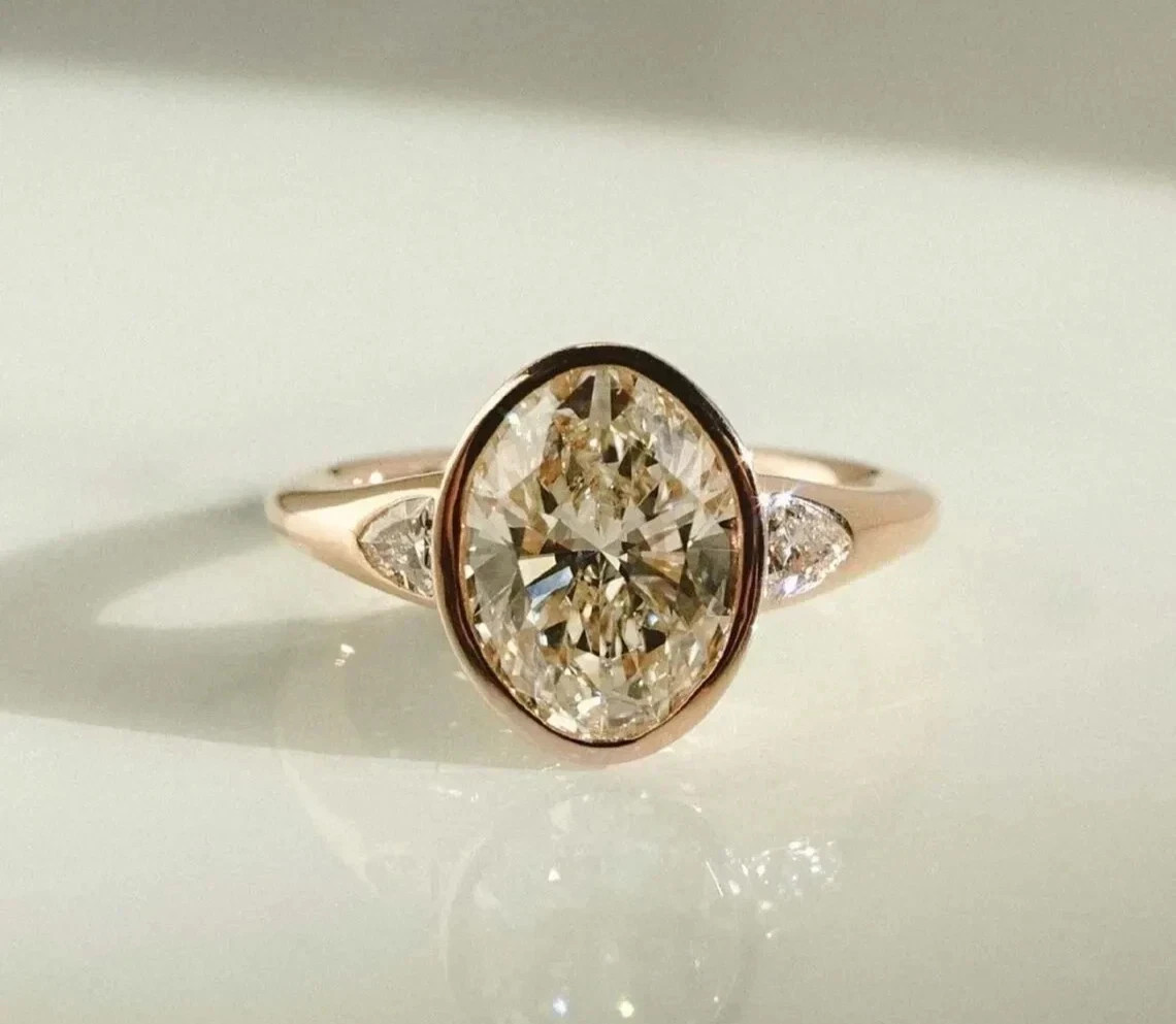 3.25 CT Oval Lab Grown EF/VVS2 Diamond Women Wedding Ring Solid 14k Yellow Gold