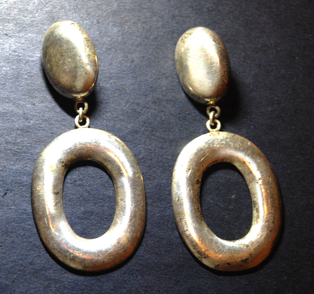 .925 Sterling Silver Modernist Oval Drop Dangle Earrings CT09 Mexico 1950s 3.25″