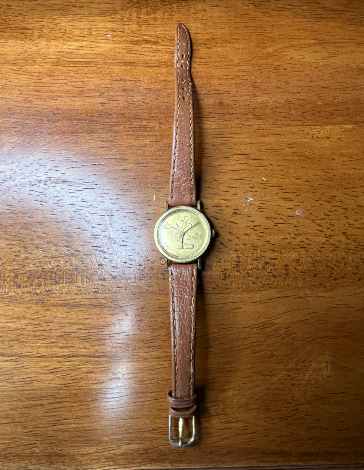 Lorus Mickey Mouse Quartz Women’s Wristwatch Gold Dial Brown Leather Strap