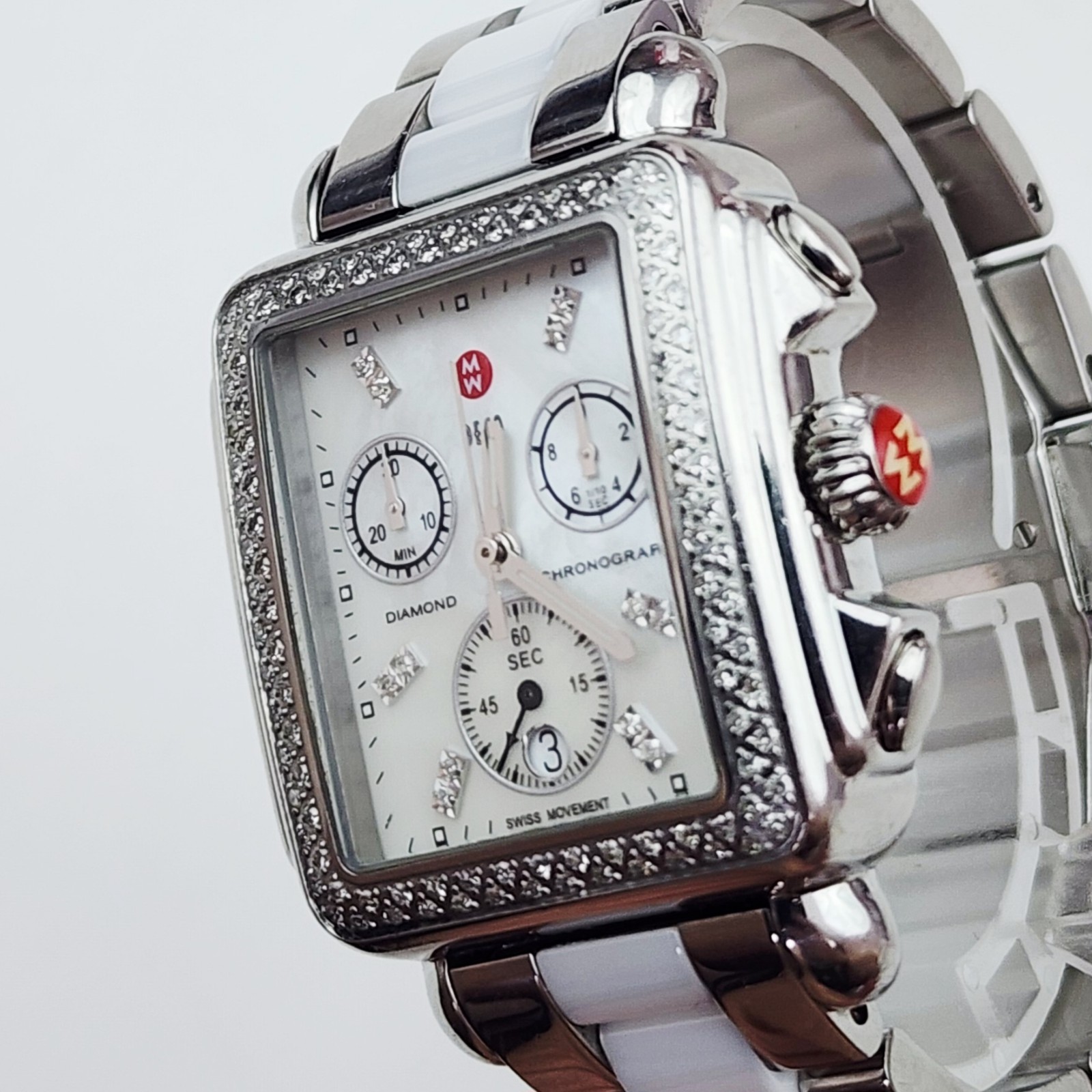 Women’s CHRONOGRAPH Watch MICHELE “Deco” MW06A01A1046. Diamonds Bezel. MOP Dial