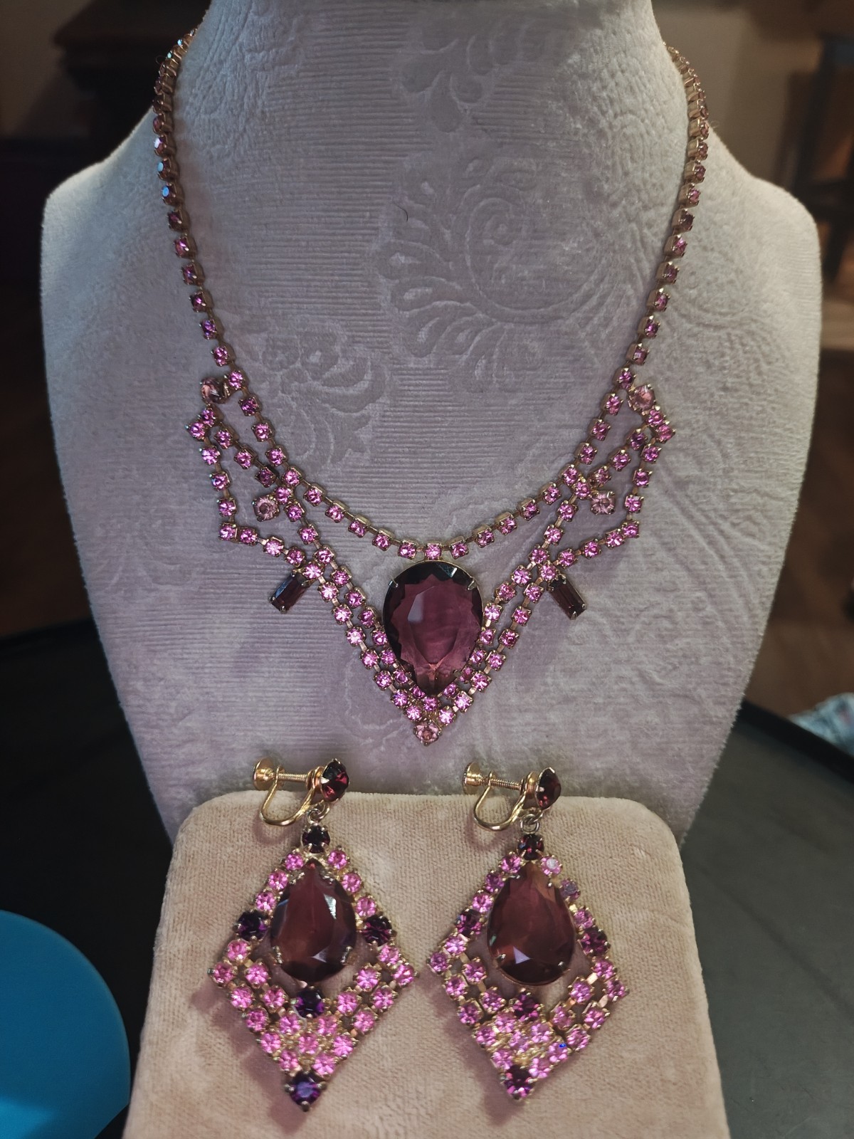 Vintage Juliana Purple & Pink Necklace w/Earrings, Estate/Unsigned/Verified