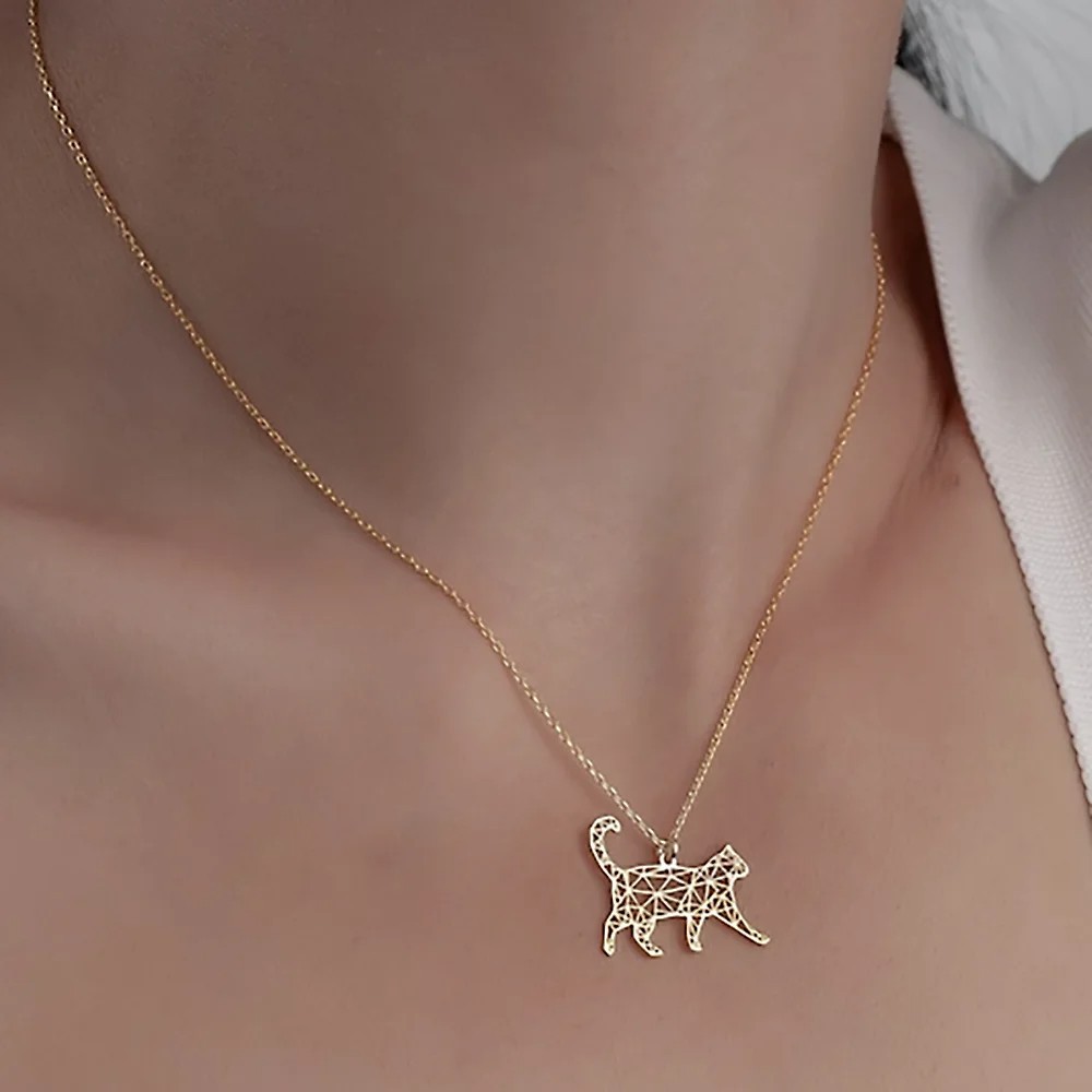Cute Hollow Cat Necklace for Women Men Stainless Steel Silver Color Animal Pet C