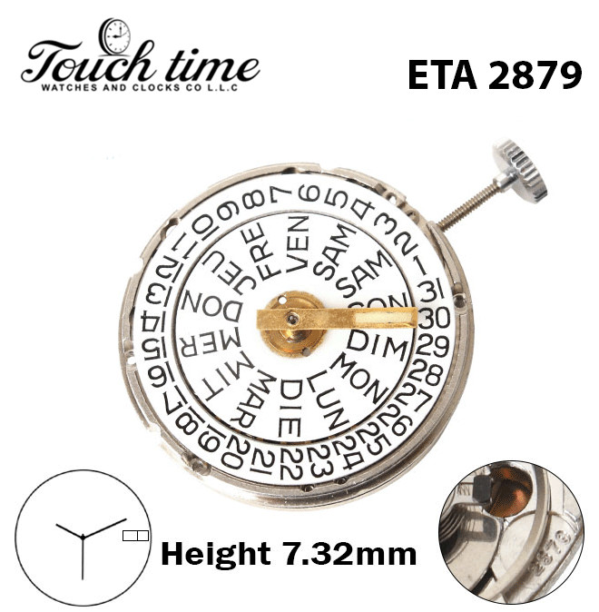 ETA 2879-GABARIT-Swiss Movement-White Date/ Day Disk At 3-H:7.32mm-3 Hands