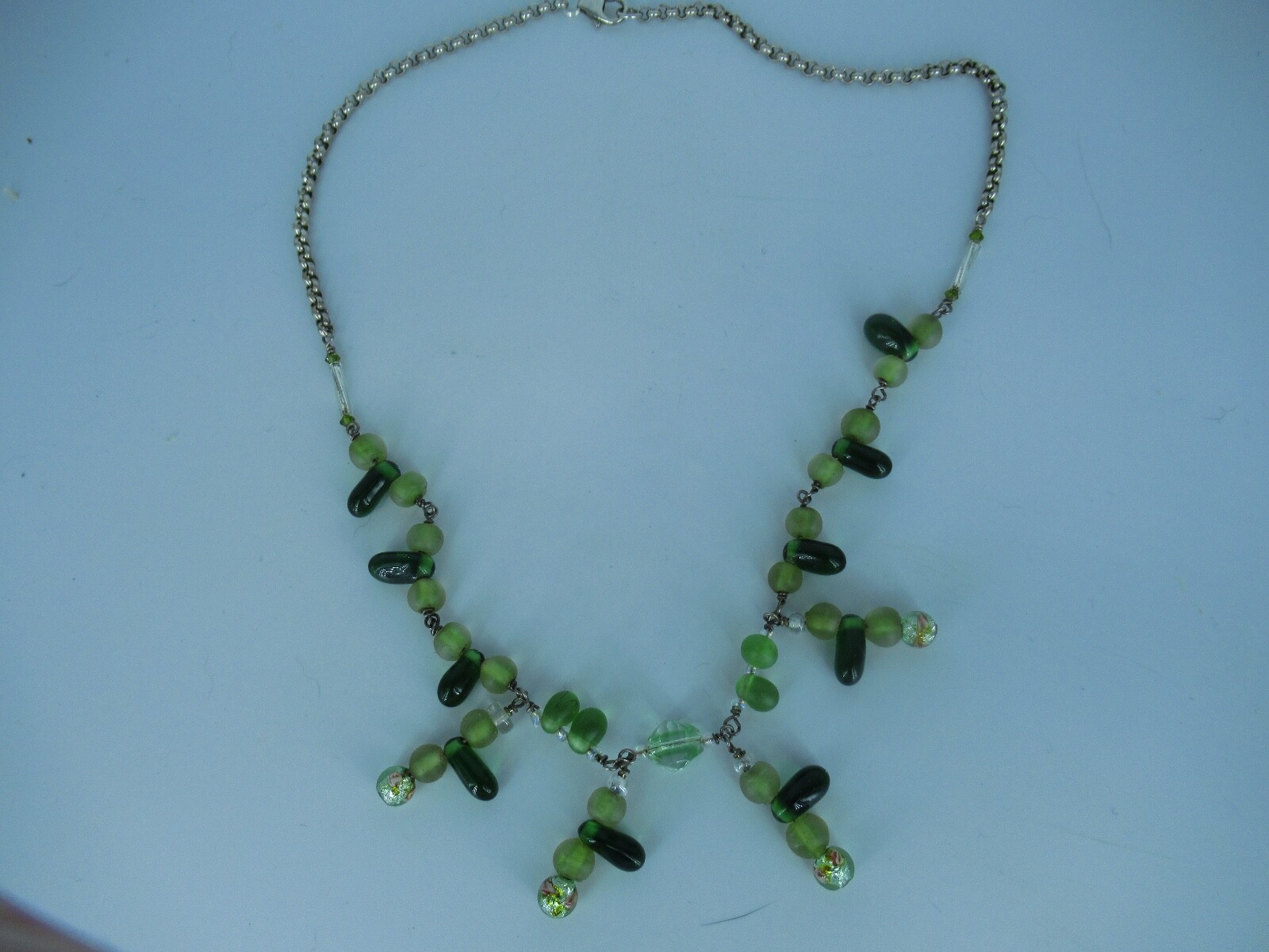 Sterling Silver Greenish Colored Bead Necklace