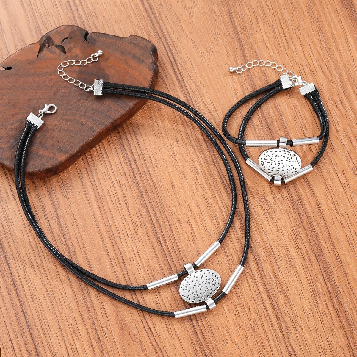 Vintage Oval Faux Leather Necklace Bracelet Set Women Gold Silver 2pc Jewelry