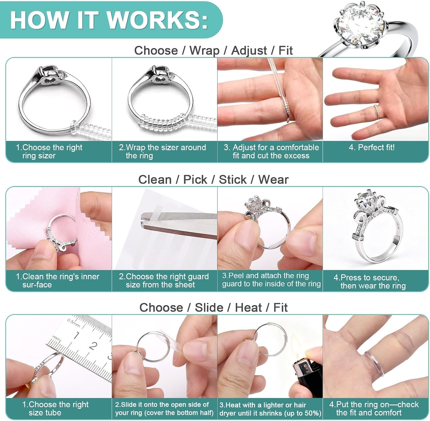 All-in-One Ring Sizing Kit: 36 Invisible Adjusters for Engagement & Weddings