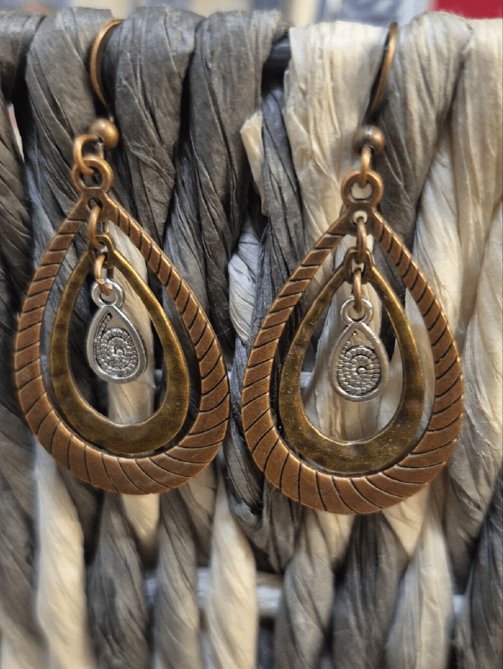 Copper and Brass Teardrop Dangle Earrings with Silver Accent