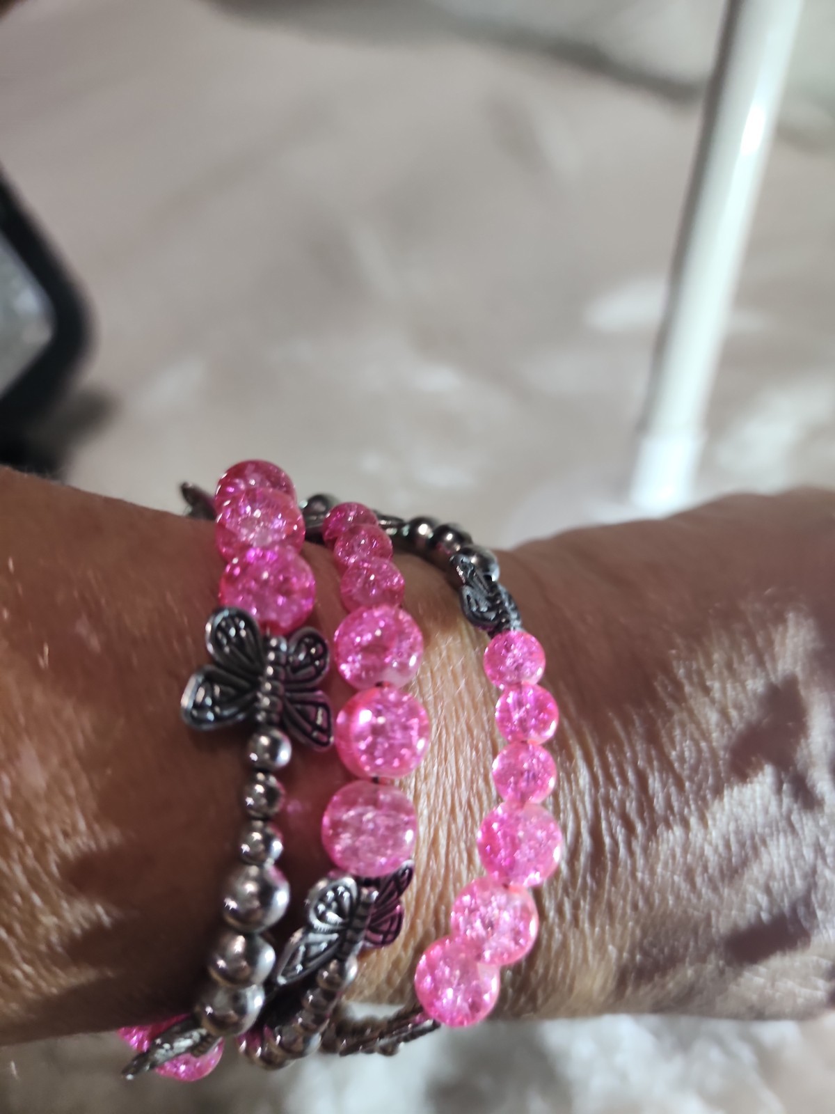 Hot Pink Crackle Glass Memory Wire Bracelet – Multi-Row Butterfly Stack