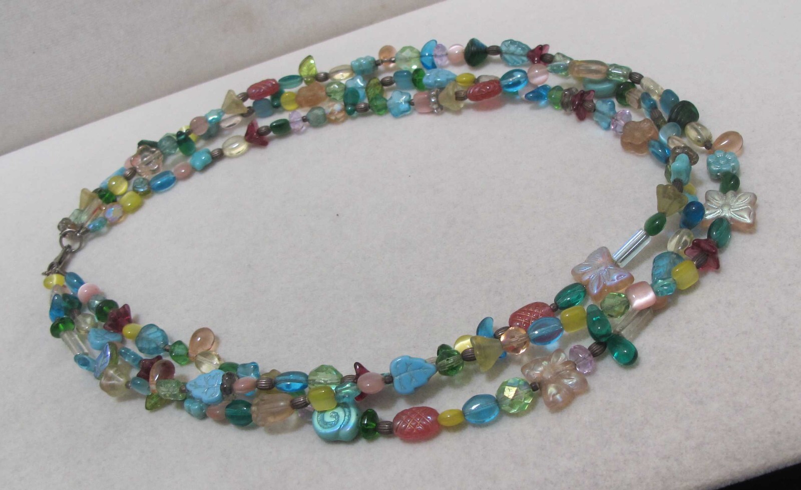 3-Strand Blue Beige Translucent & Iridescent Beads 18” Necklace 925 Clasp