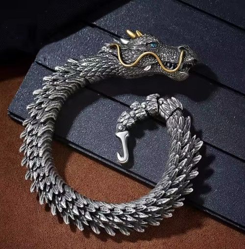 Viking Dragon Mens Bracelet Stainless Steel Scale Chain Cuff Bangle Punk Jewelry