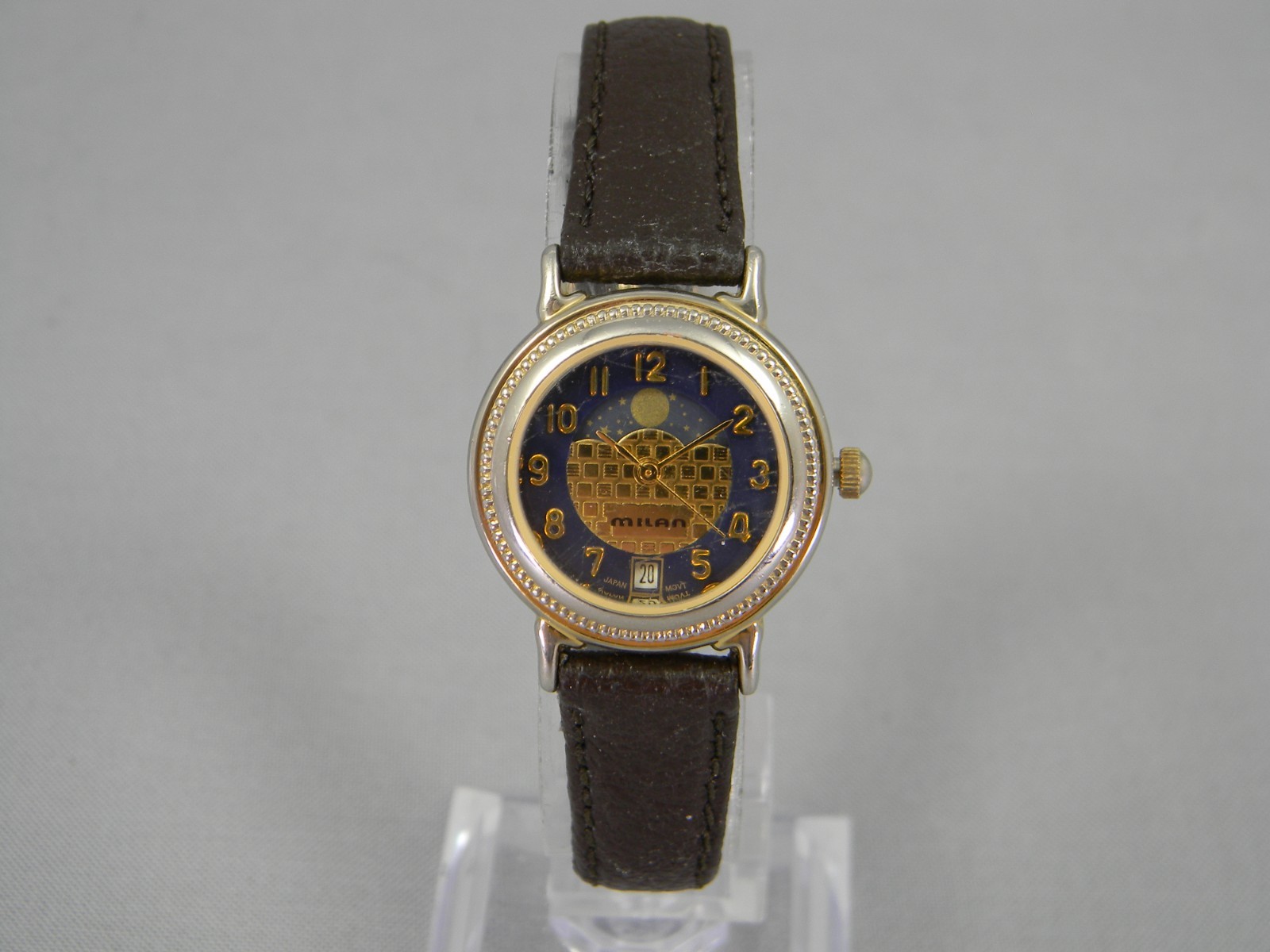 Milan Moon Phase Watch Women 24mm Gold Tone Date Leather Band New Battery