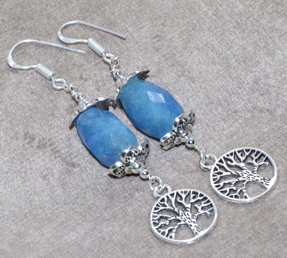 925 Silver Plated Tree Of Life Beaded Simulated Sapphire Earrings 3″ Gifts JW