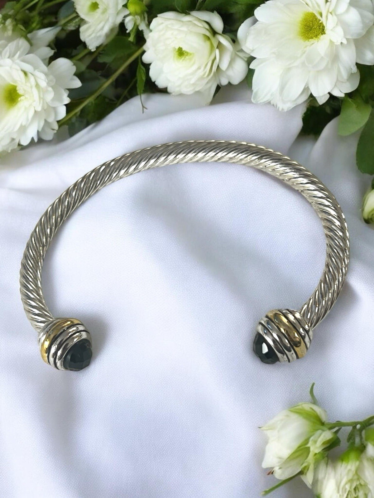 Silver Tone Twisted Open Cuff Bracelet with Black Faceted Stone Ends