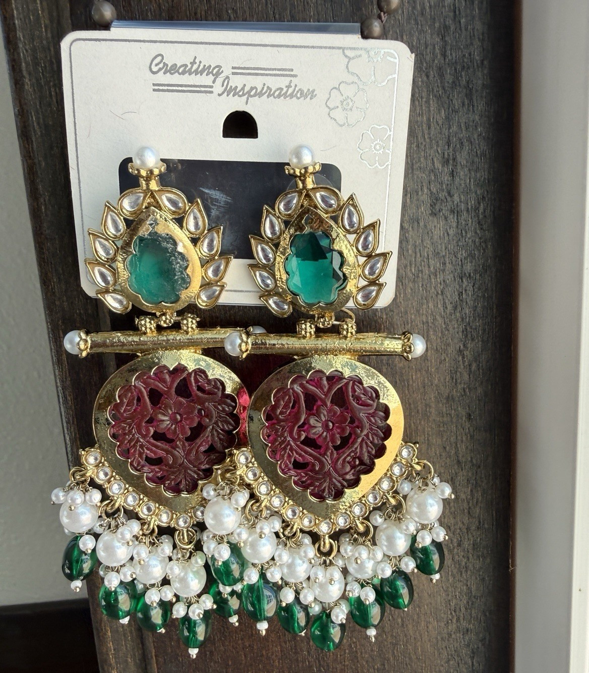 Gold Tone Chandelier Dangle Earrings Green Red Accents Sim Pearl Rhinestones