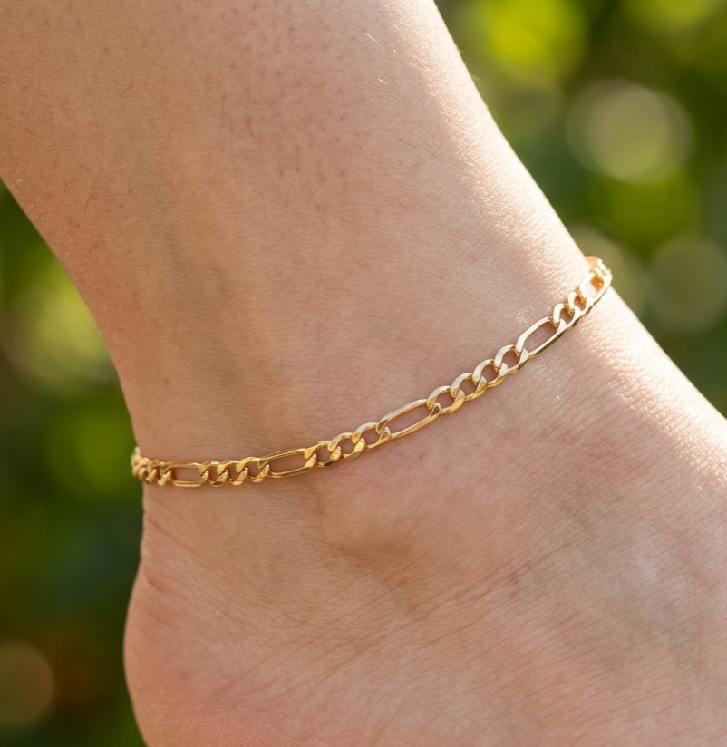 Elegant Figaro Chain Anklet | Minimalist Gold Plated Brass Anklet for Women
