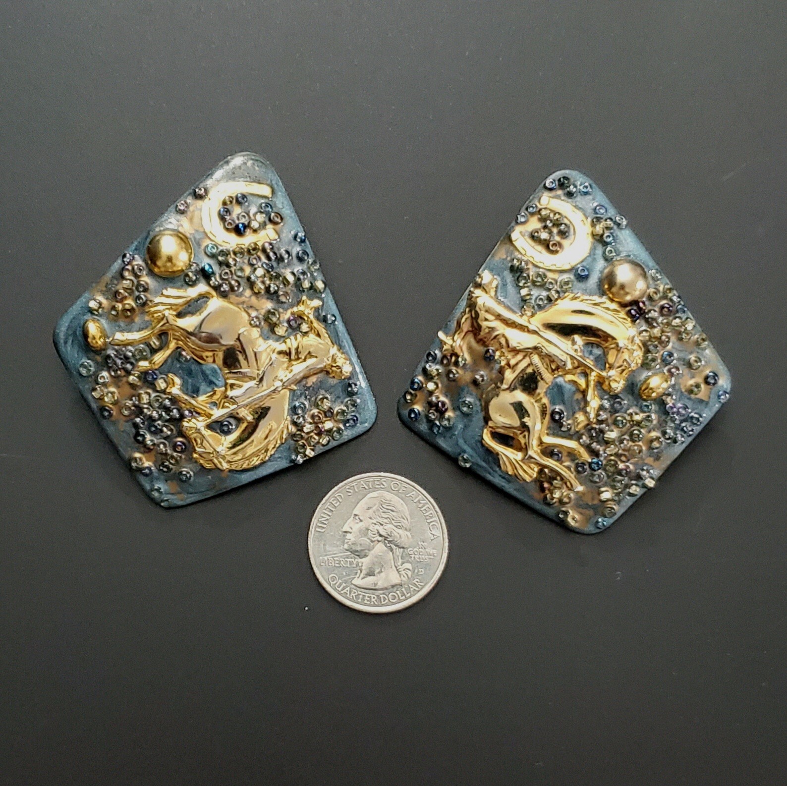 One-of-a-Kind Vintage Rodeo Cowboy Enamel Artistic Earrings OOAK Horse Horseshoe