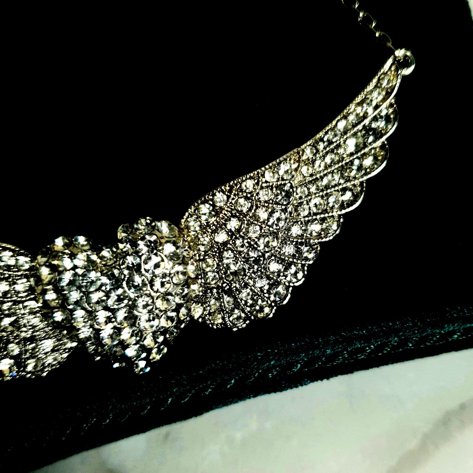 Mikey Crystal Angel Wings Heart Necklace Silver Tone Statement New Unworn Gift
