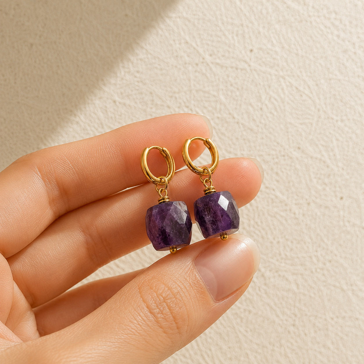 Natural Amethyst Cube Drop Earrings | 18K Gold Plated | Peace & Intuition | Boho