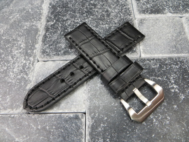24mm BIG CROCO Grain Leather Strap Black Watch Band Pre-V Buckle PANERAI Black