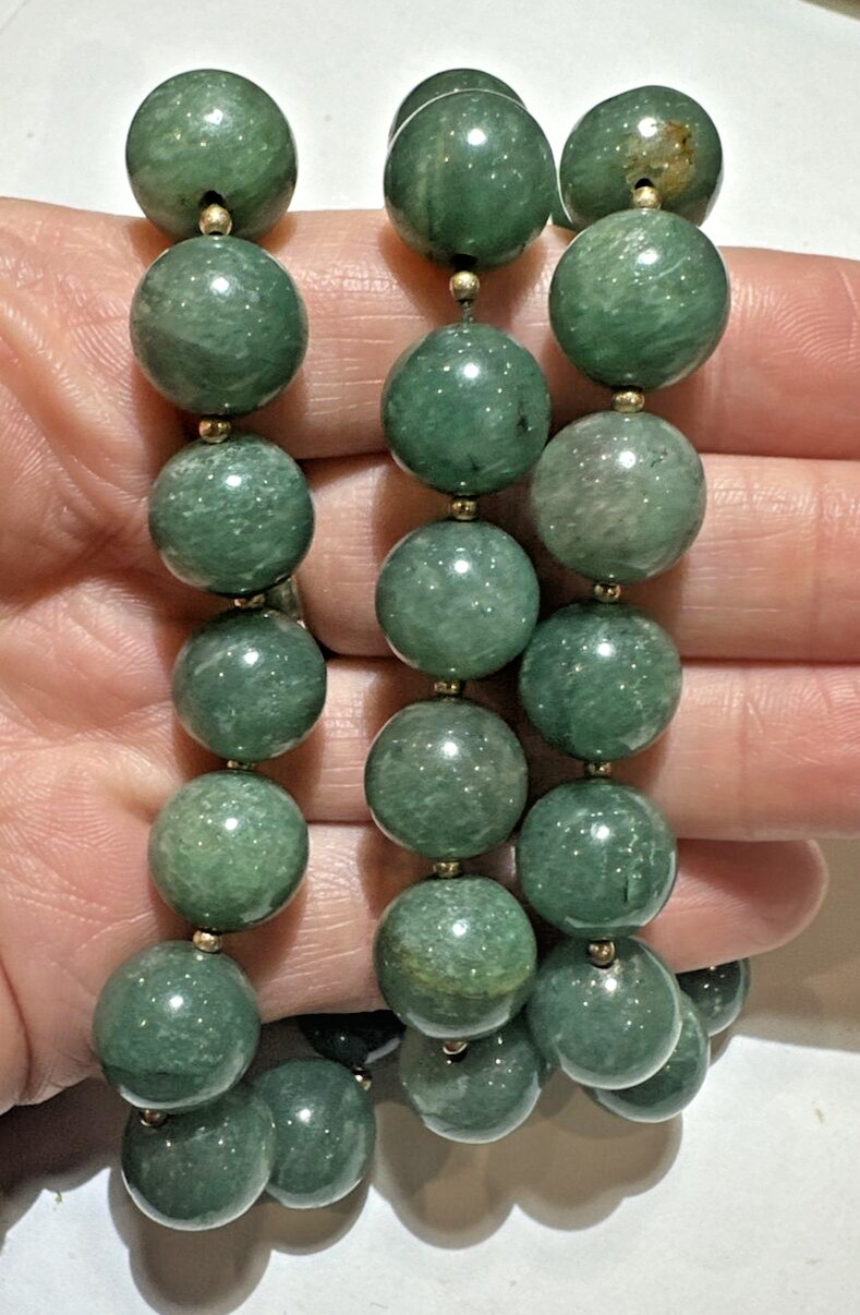 Chunky Green Carved Tourmaline Stone 11mm Bead Strand 18K Gold 114g Necklace DC5