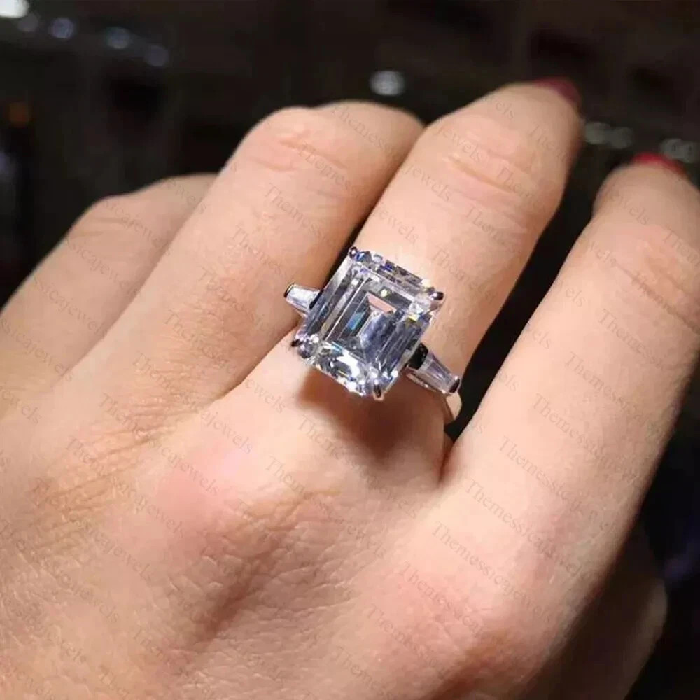 9.0TCW Emerald Cut Moissanite 3-Stone Engagement Ring In 14k White Gold Plated