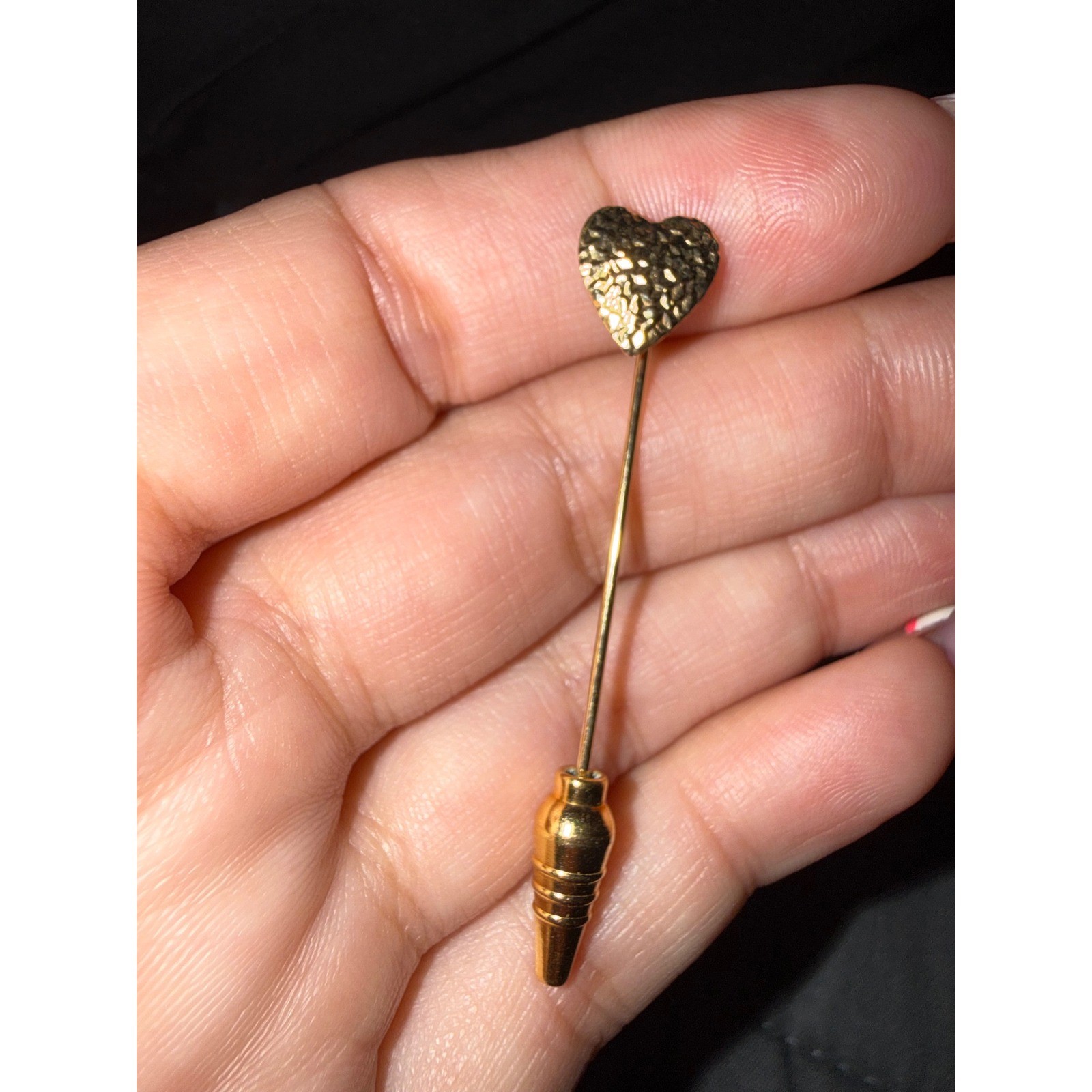 Vintage 18k Gold filled Textured Heart Stick Pin Lapel Hat pin