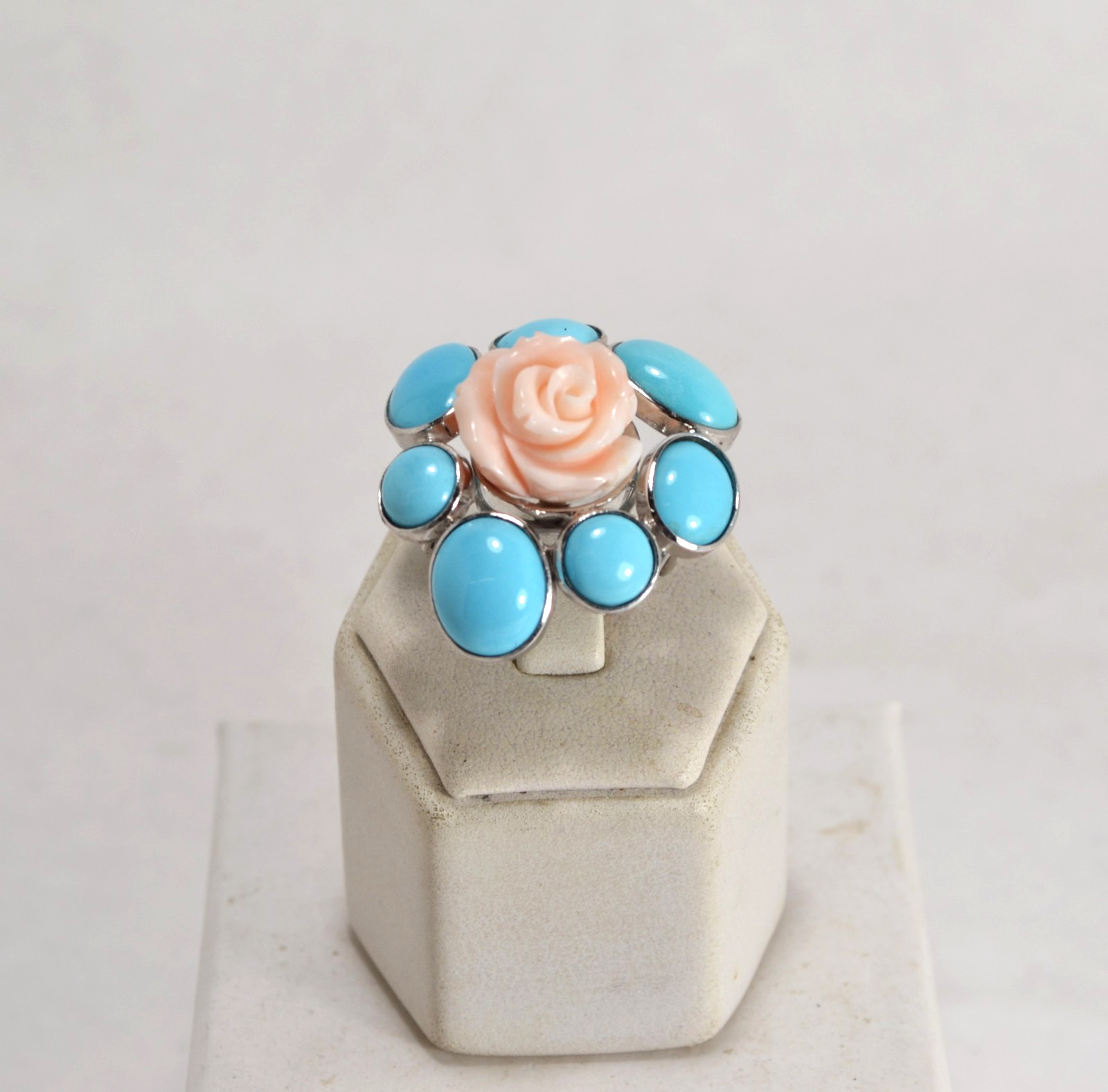 925 SILVER RING RHODIUM NATURAL TURQUOISE PINK CORAL PINK AGNK 0123