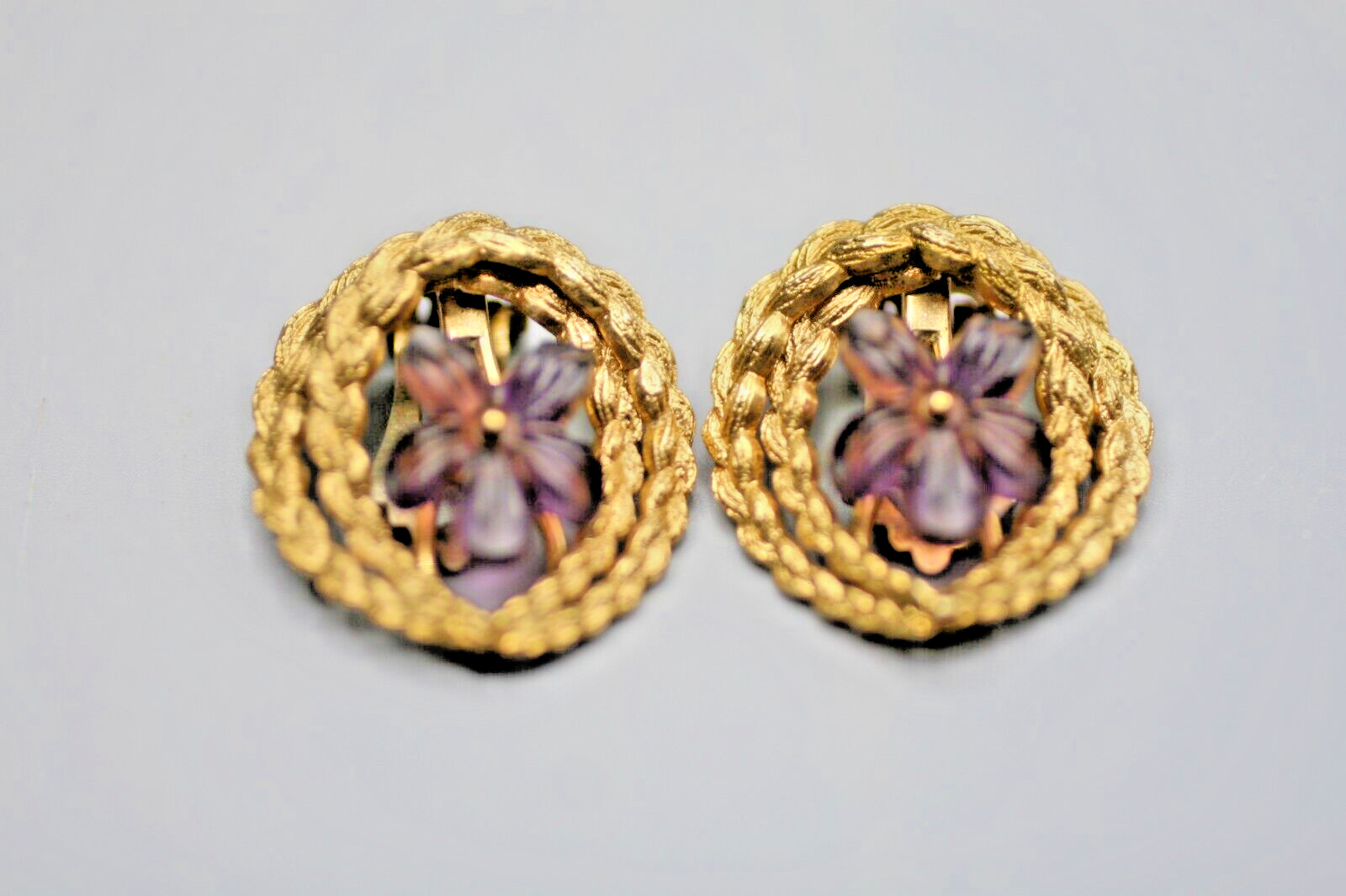 Gold Tone Flower Clip On Earrings Pansy Large Statement Made in Germany 40s R16
