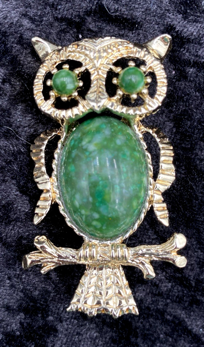 Pair – Vtg. Gerry’s Owls, Brooch/Pendant, Silver & Turquoise + Gold and Green