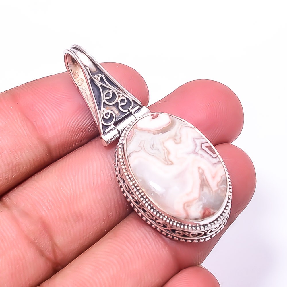 Natural Crazy Lace Agate Fine Art 925 Sterling Silver Pendant 1.95″ P12