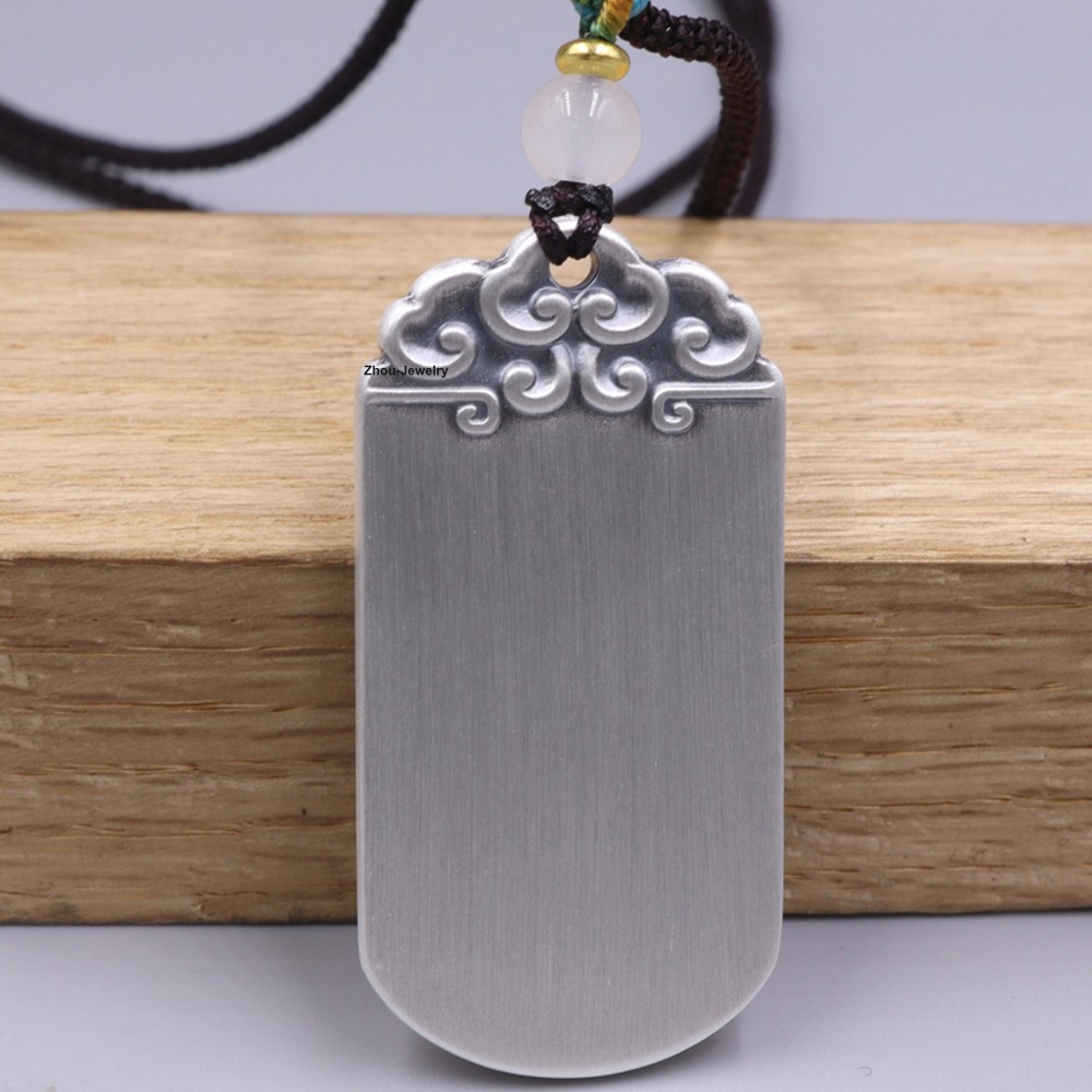 Pure 999 Fine Silver Pendant Kwan-yin Pattern 无事牌 Amulet 43mm H +Cord Necklace