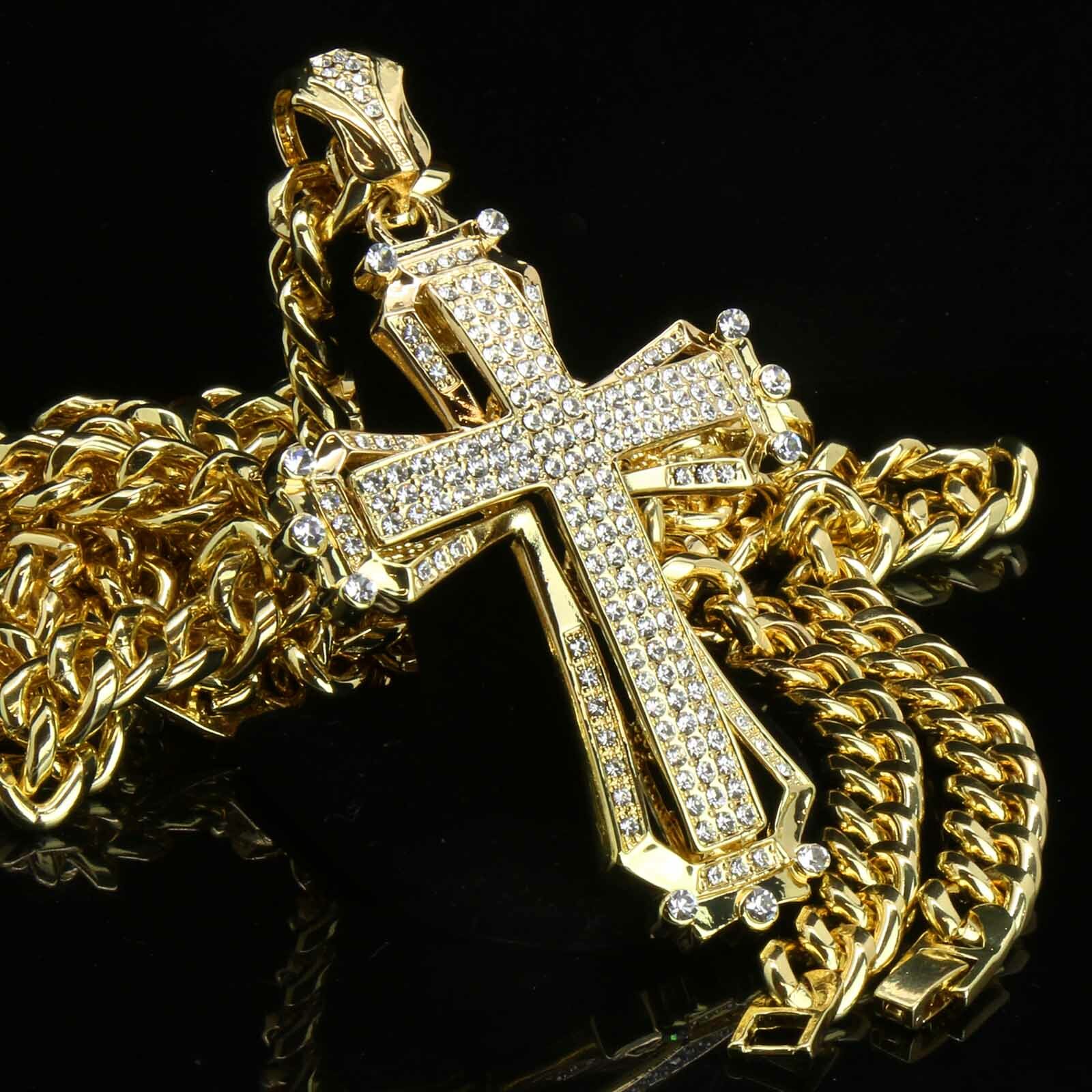 Hip Hop Gold Plated Large HOLLOW CROSS Pendant Cubic-Zirconia 30″ Cuban Chain