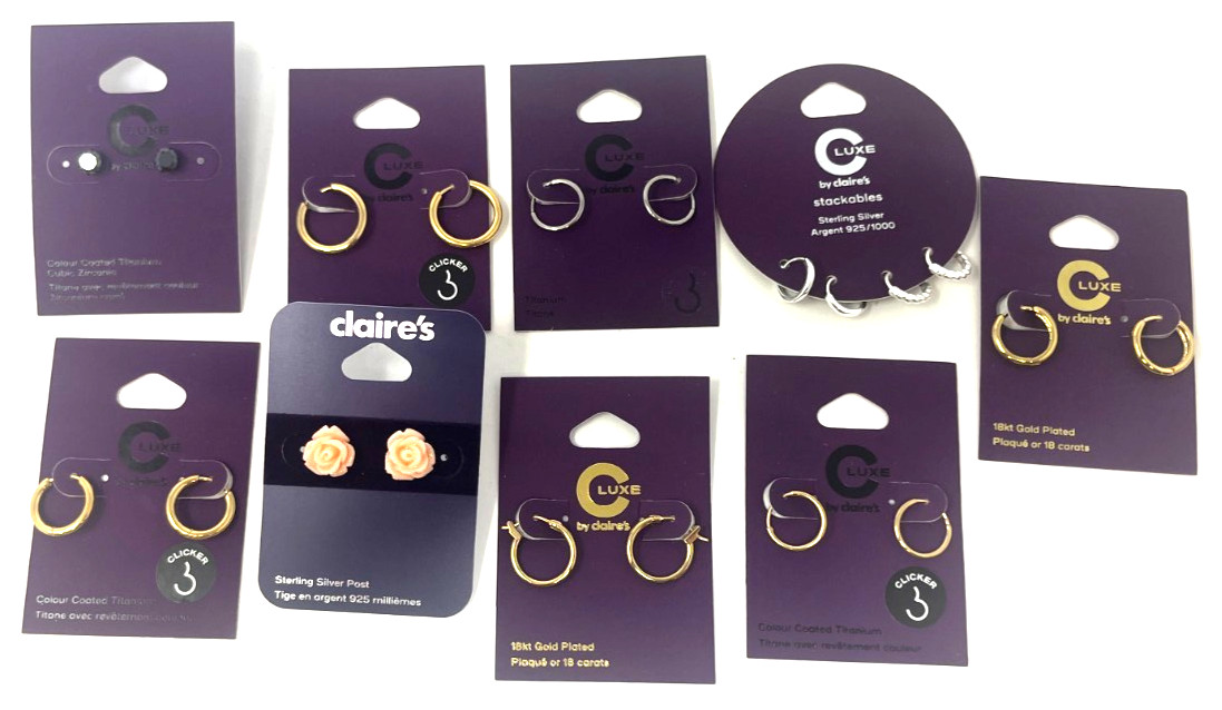 (9) C Luxe Claire’s Earrings New In Packaging Variety Hoops Studs Rose Titanium