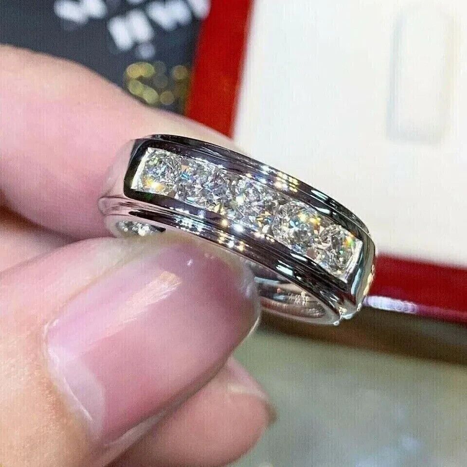 14K White Gold Plated 2Ct Round Cut Real Moissanite Men’s Engagement Band Ring