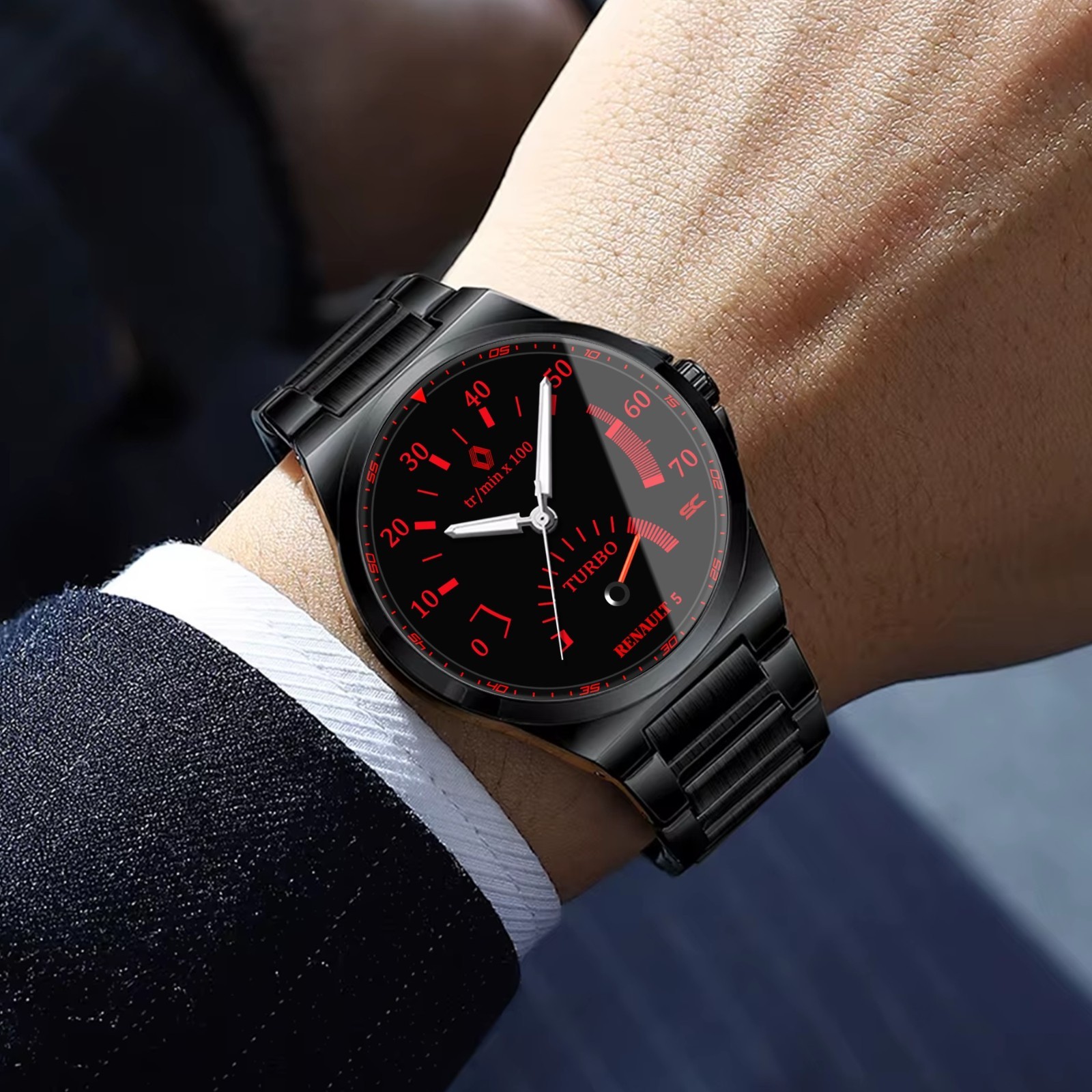 Renault Super 5 GT Turbo Sport Black Steel Tachometer Wrist Watch