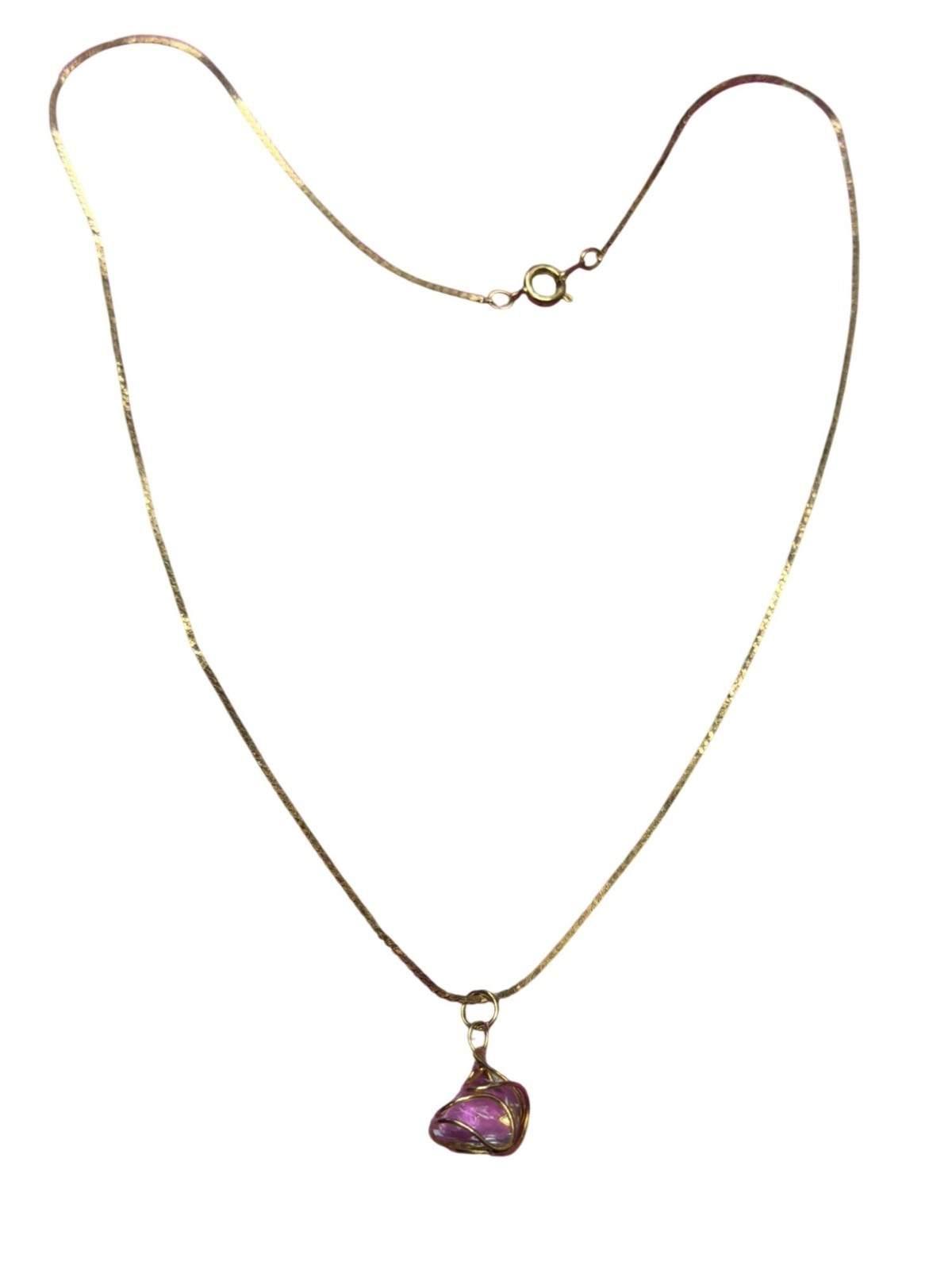 Vintage Gold Tone Pendant Necklace Clear Glass Wire Wrapped Pendant 18″ Estate