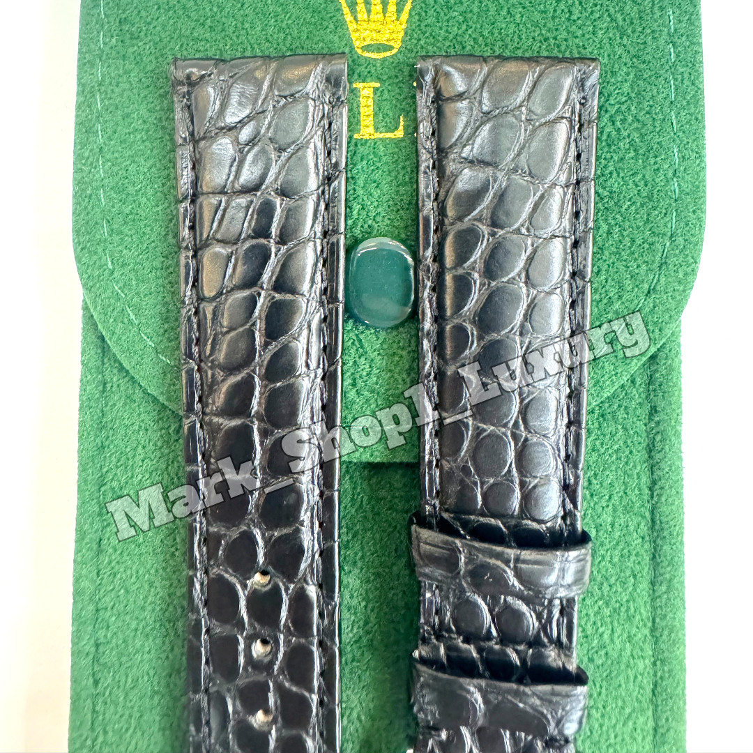 ROLEX Black Crocodile Leather Watch Band Rolex Silver Buckle 19-16mm NOS Vintage