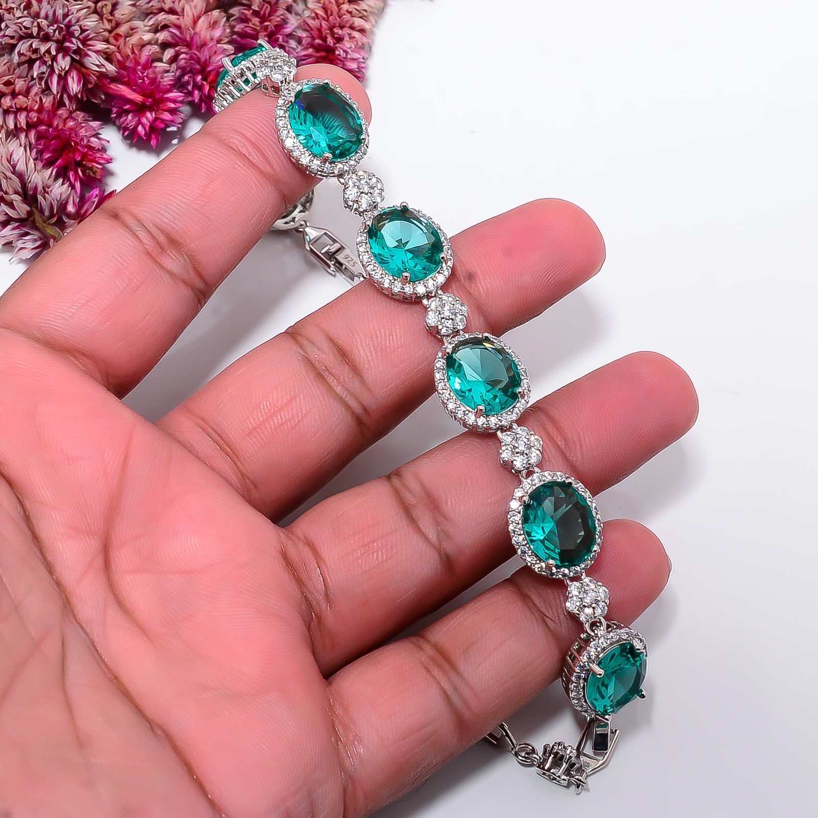 Apatite, CZ 925 Sterling Silver Adjustable Bracelet 7-8″ B13249, Gift for her