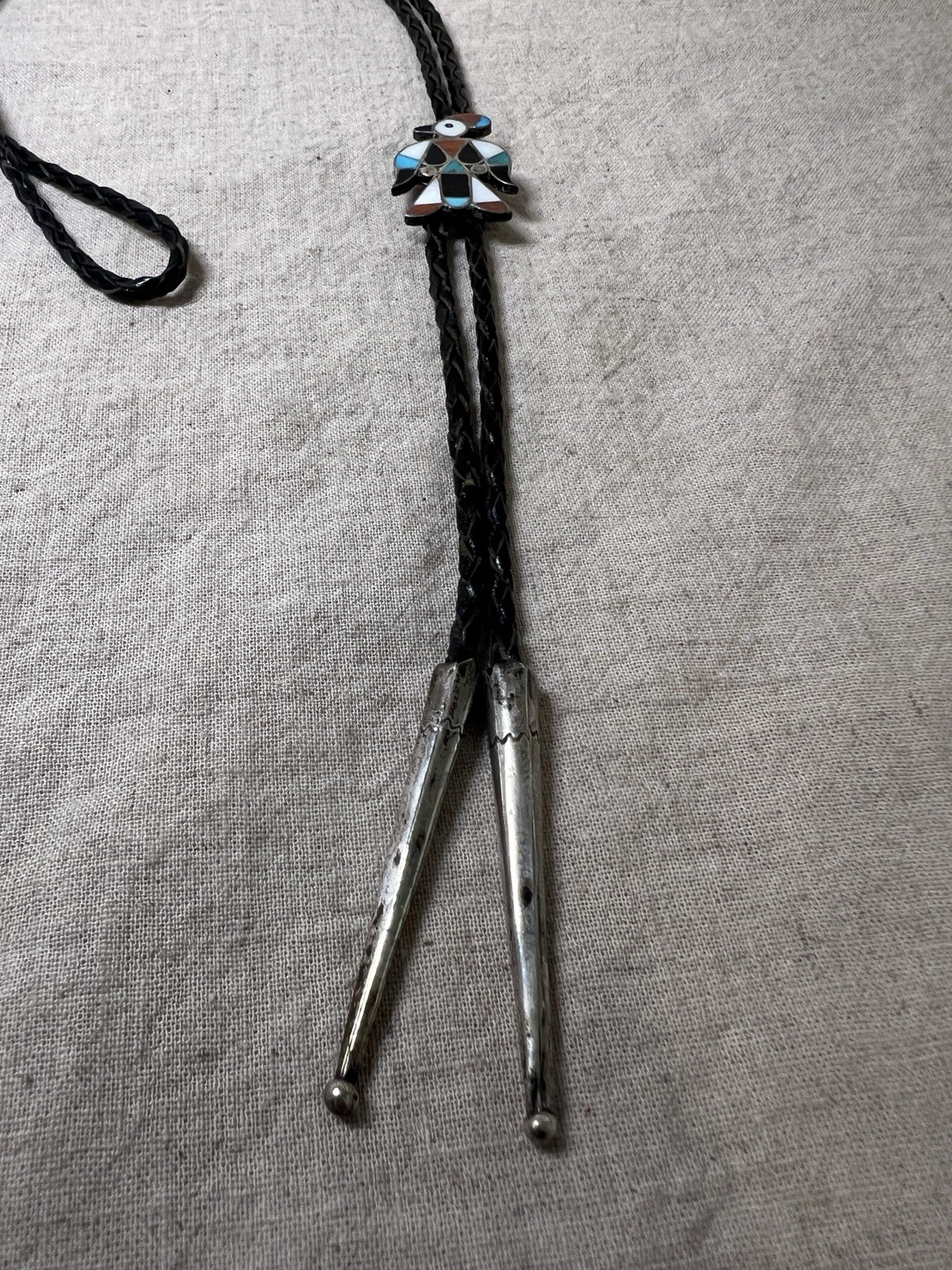 Vintage Circa 1950 Zuni Sterling Silver Mosaic Inlay Thunderbird Bolo Tie