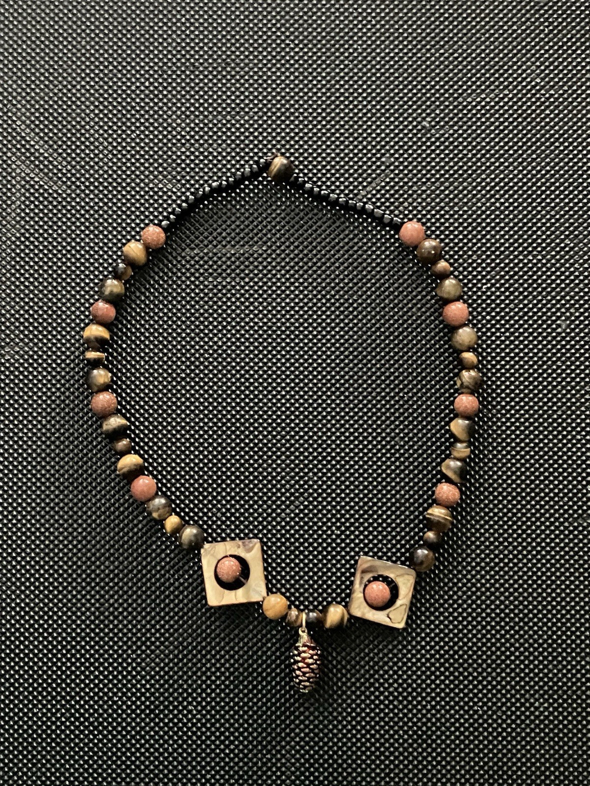 Pinecone and Tiger Eye, Sand Stone and Abolone beaded necklace, with elastic